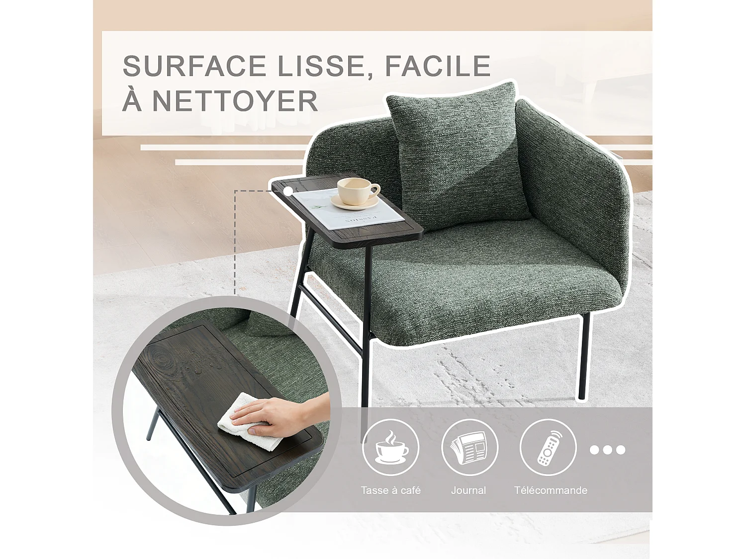Fauteuil relax 2en1 bureau & détente – table incluse, rangements, tissu Chenille respirant – Vert