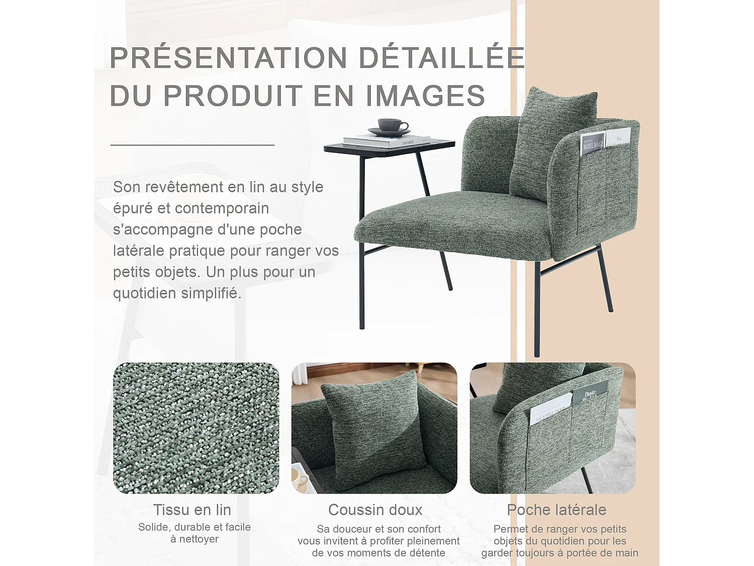 Fauteuil relax 2en1 bureau & détente – table incluse, rangements, tissu Chenille respirant – Vert