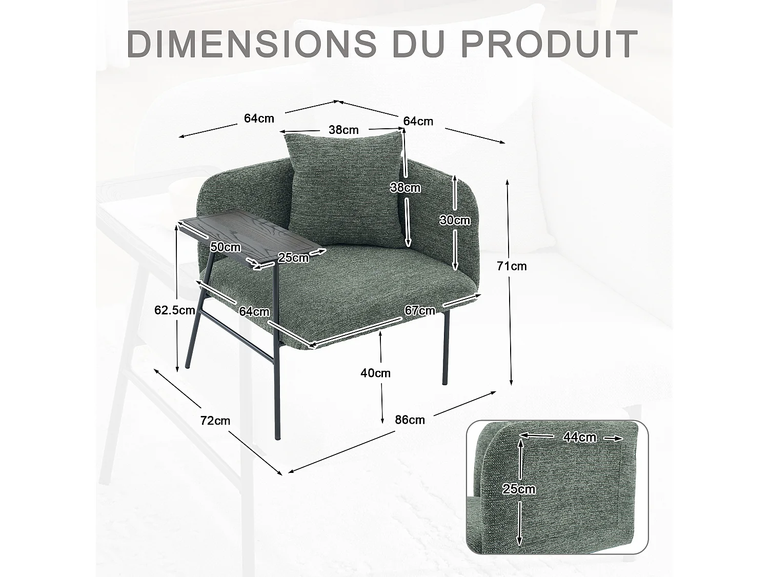 Fauteuil relax 2en1 bureau & détente – table incluse, rangements, tissu Chenille respirant – Vert
