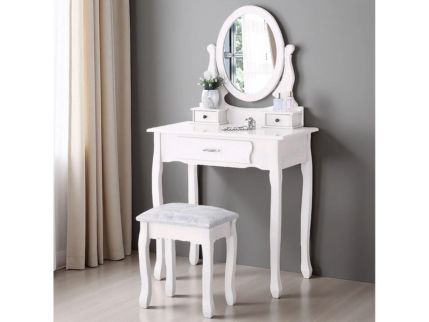 Dressing Table avec Tabouret - 136 x 75 x 40 cm - Blanc - Vanités de maquillage avec 3 tiroirs et miroir rotatif