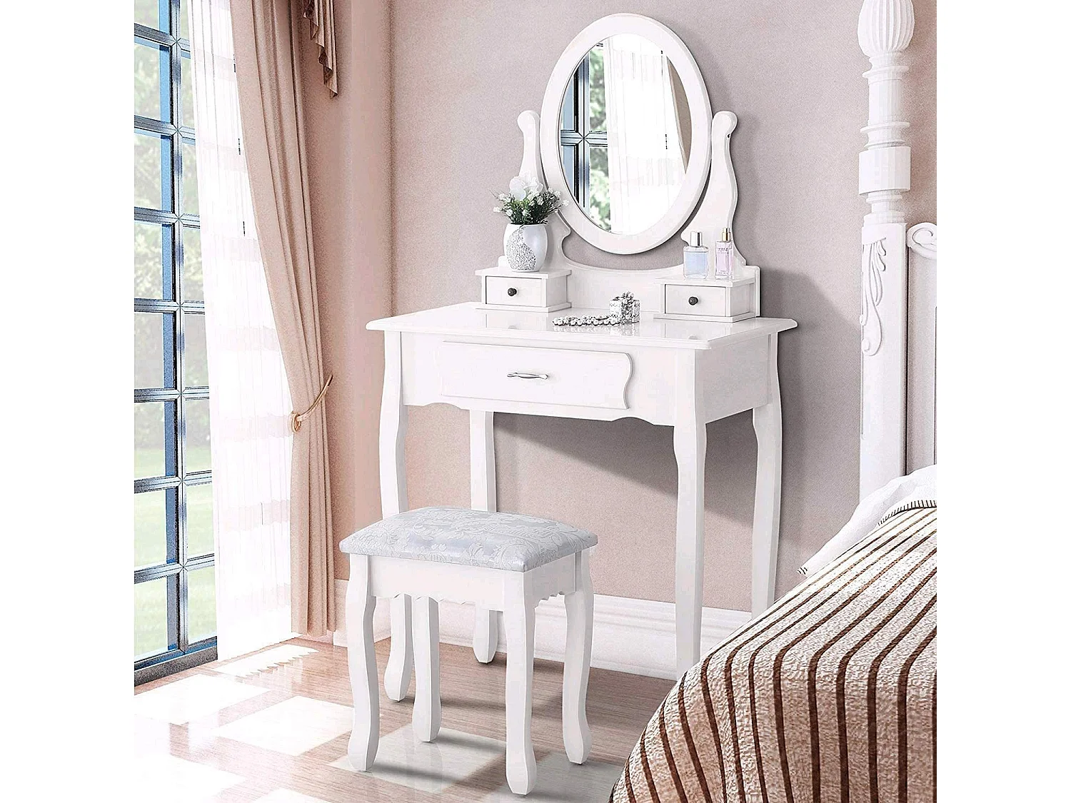 Dressing Table avec Tabouret - 136 x 75 x 40 cm - Blanc - Vanités de maquillage avec 3 tiroirs et miroir rotatif