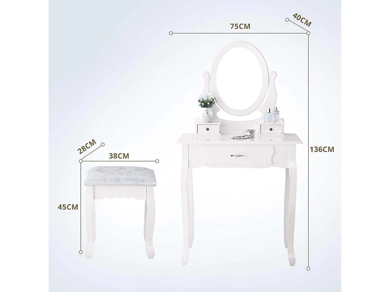 Dressing Table avec Tabouret - 136 x 75 x 40 cm - Blanc - Vanités de maquillage avec 3 tiroirs et miroir rotatif