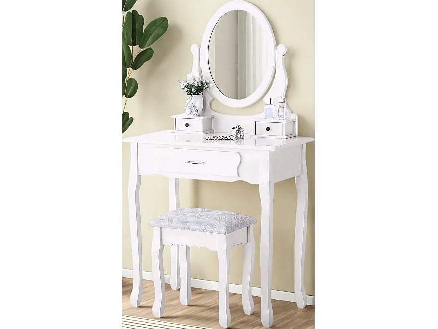 Dressing Table avec Tabouret - 136 x 75 x 40 cm - Blanc - Vanités de maquillage avec 3 tiroirs et miroir rotatif