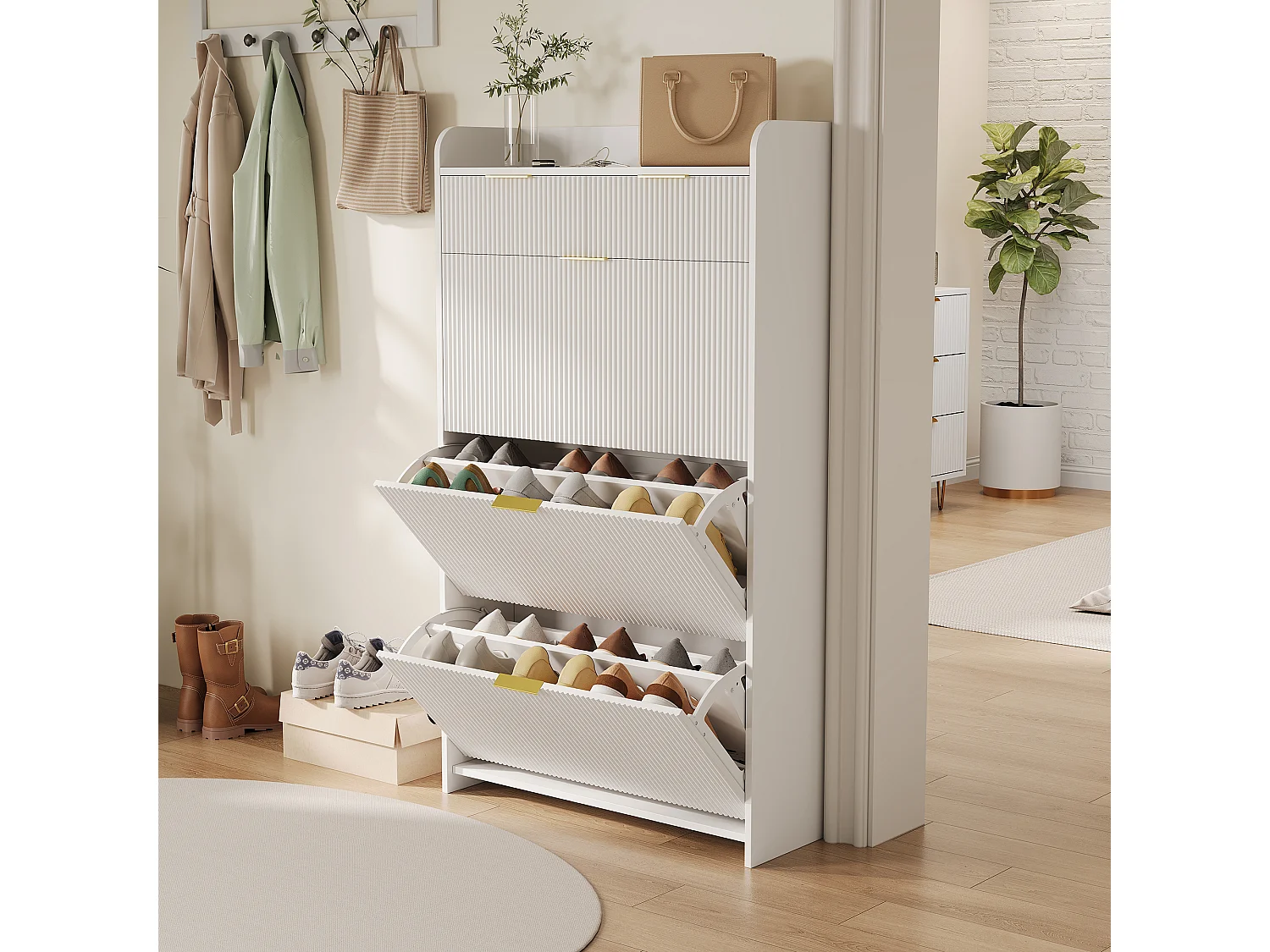 Armoires pour chaussures avec 3 portes pliantes et 1 tiroir - 77,1 x 24,2 x 133,5 cm Étiquette pour chaussures - Blanc - Panneaux en bois