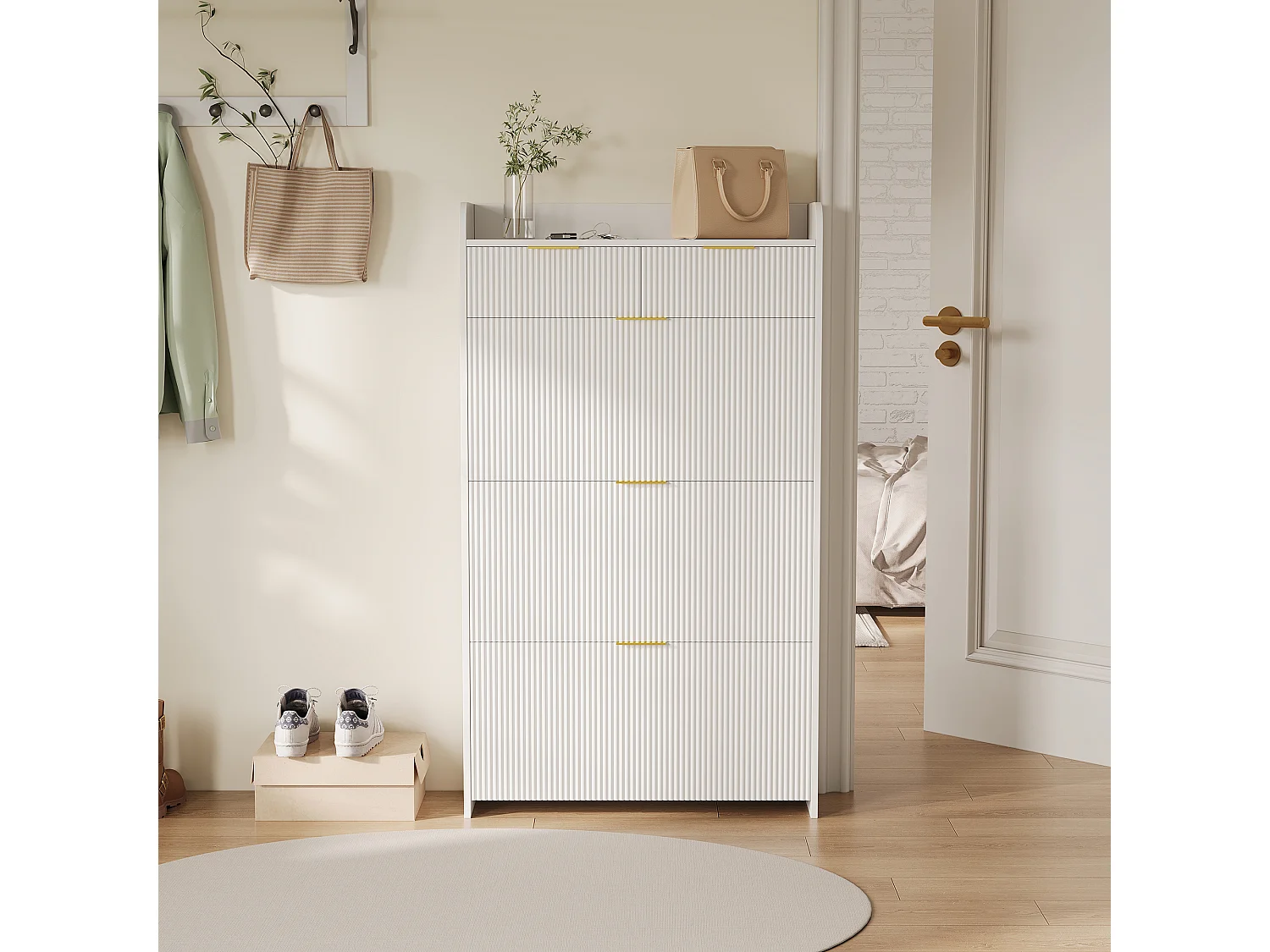 Armoires pour chaussures avec 3 portes pliantes et 1 tiroir - 77,1 x 24,2 x 133,5 cm Étiquette pour chaussures - Blanc - Panneaux en bois
