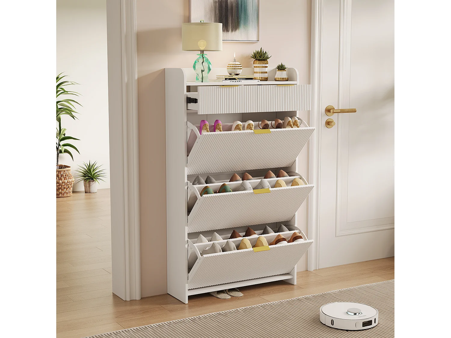 Armoires pour chaussures avec 3 portes pliantes et 1 tiroir - 77,1 x 24,2 x 133,5 cm Étiquette pour chaussures - Blanc - Panneaux en bois