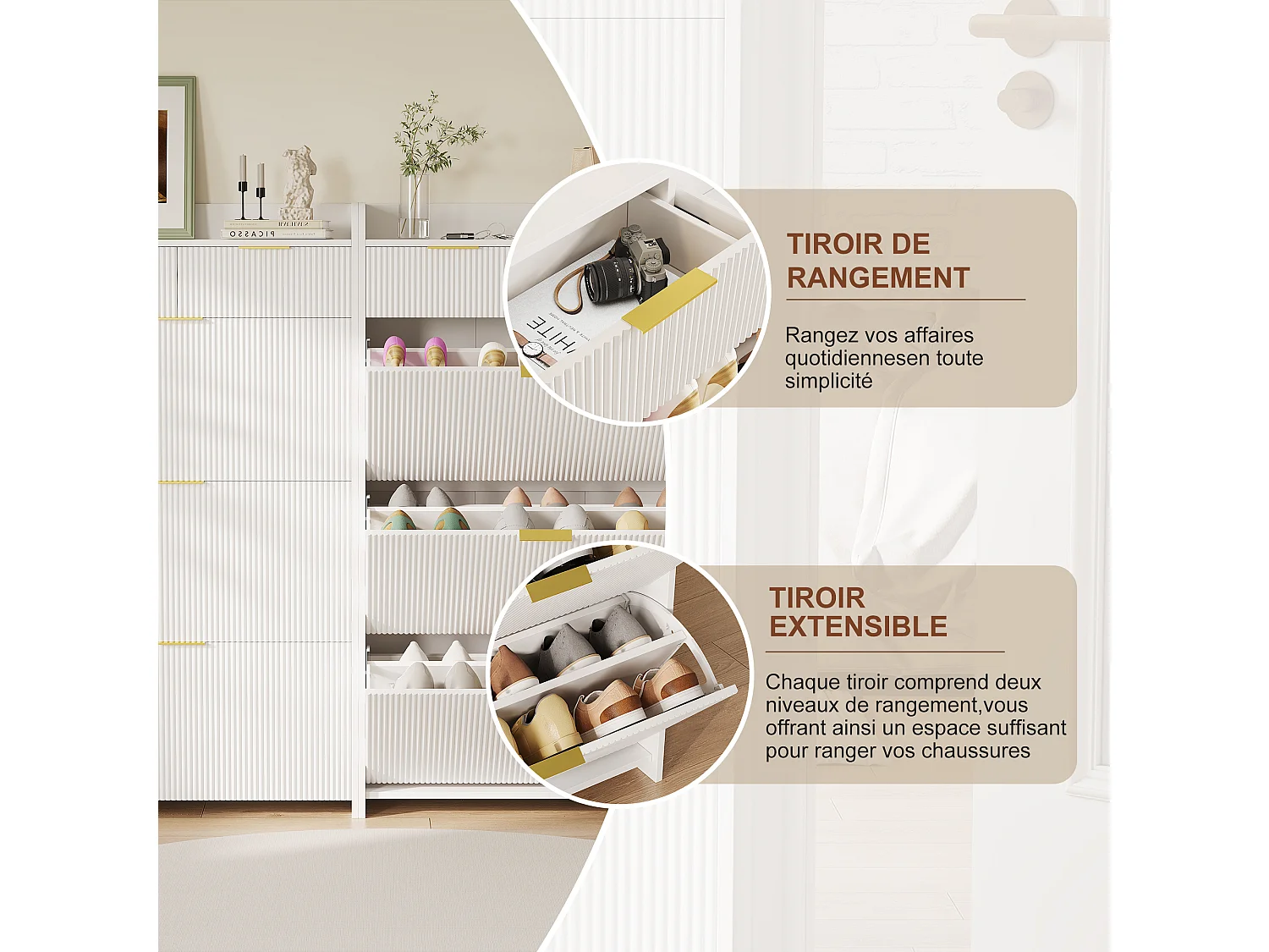 Armoires pour chaussures avec 3 portes pliantes et 1 tiroir - 77,1 x 24,2 x 133,5 cm Étiquette pour chaussures - Blanc - Panneaux en bois