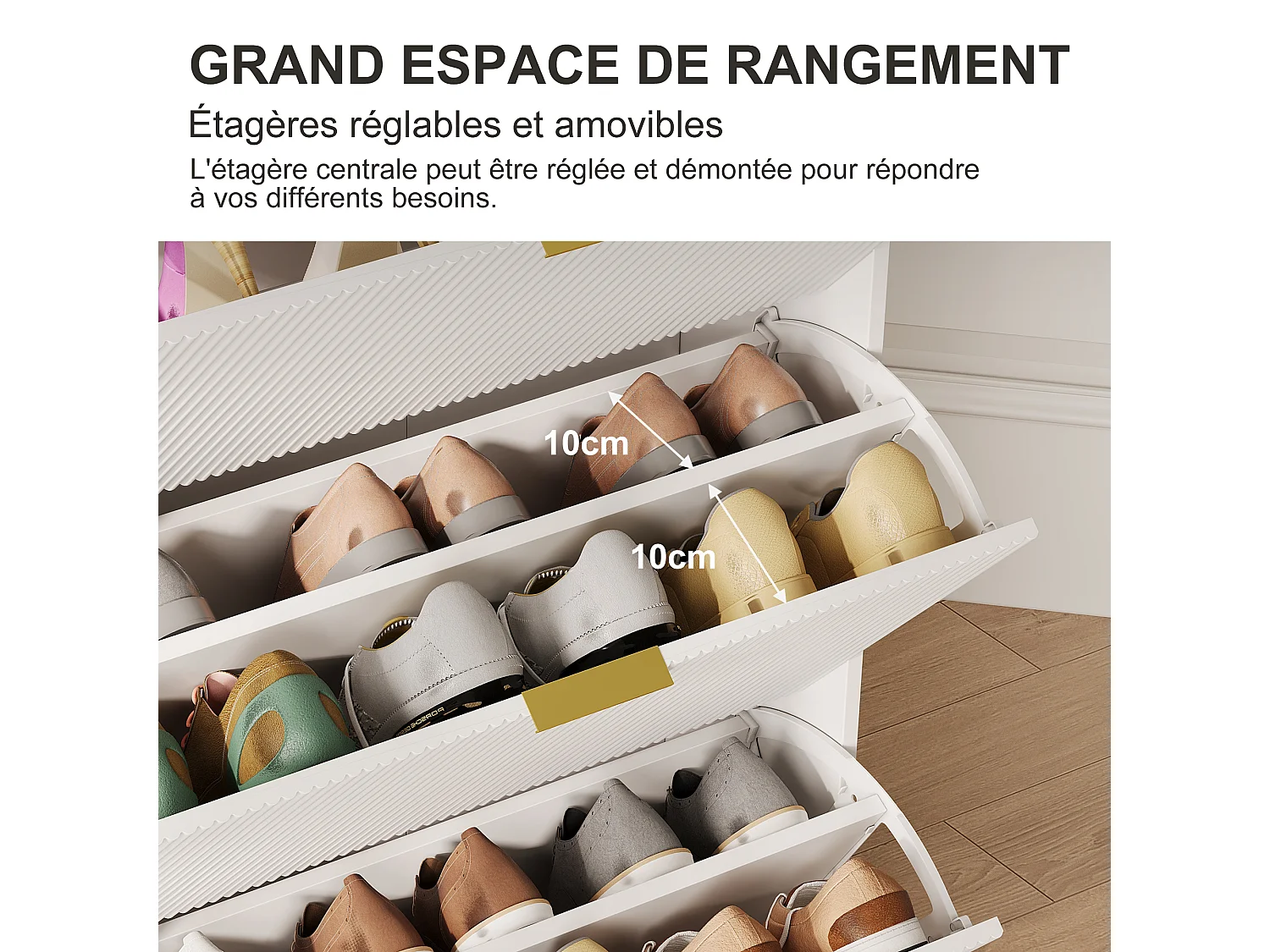 Armoires pour chaussures avec 3 portes pliantes et 1 tiroir - 77,1 x 24,2 x 133,5 cm Étiquette pour chaussures - Blanc - Panneaux en bois