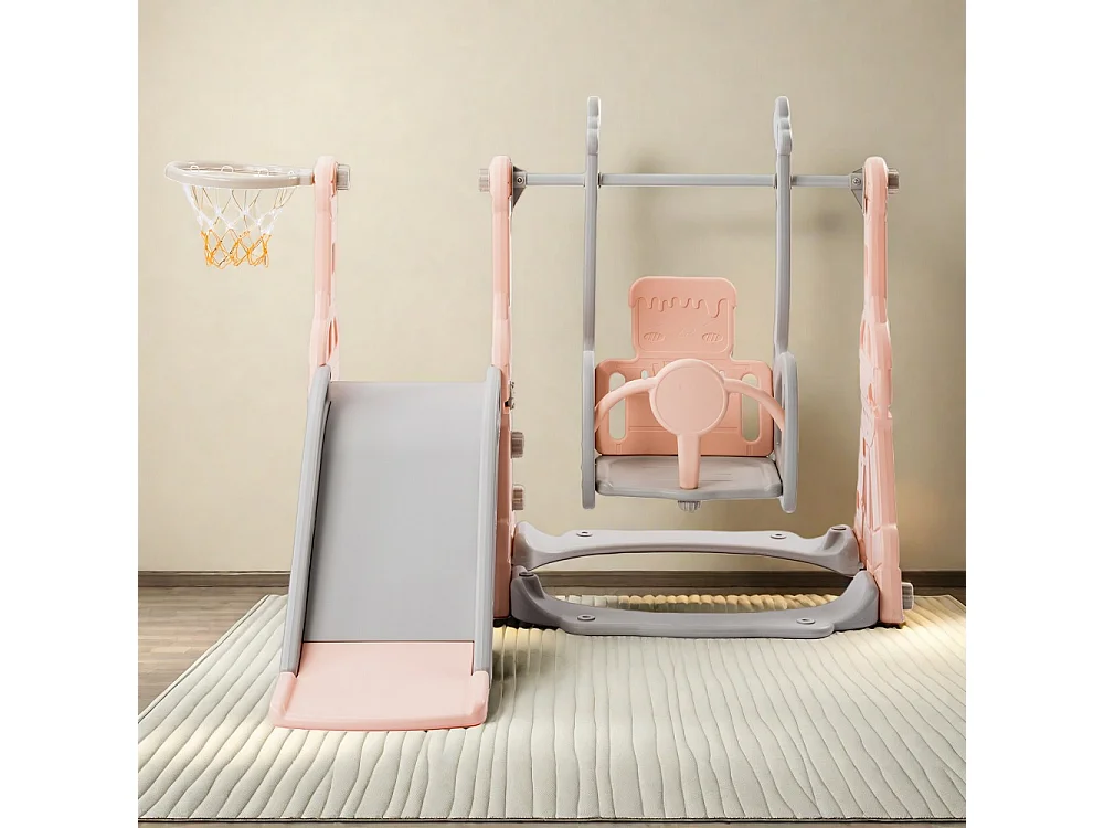 Glisse rose pour enfants - Glisse + Escalier d'escalade + Balance + Panier de basket-ball 4 en 1