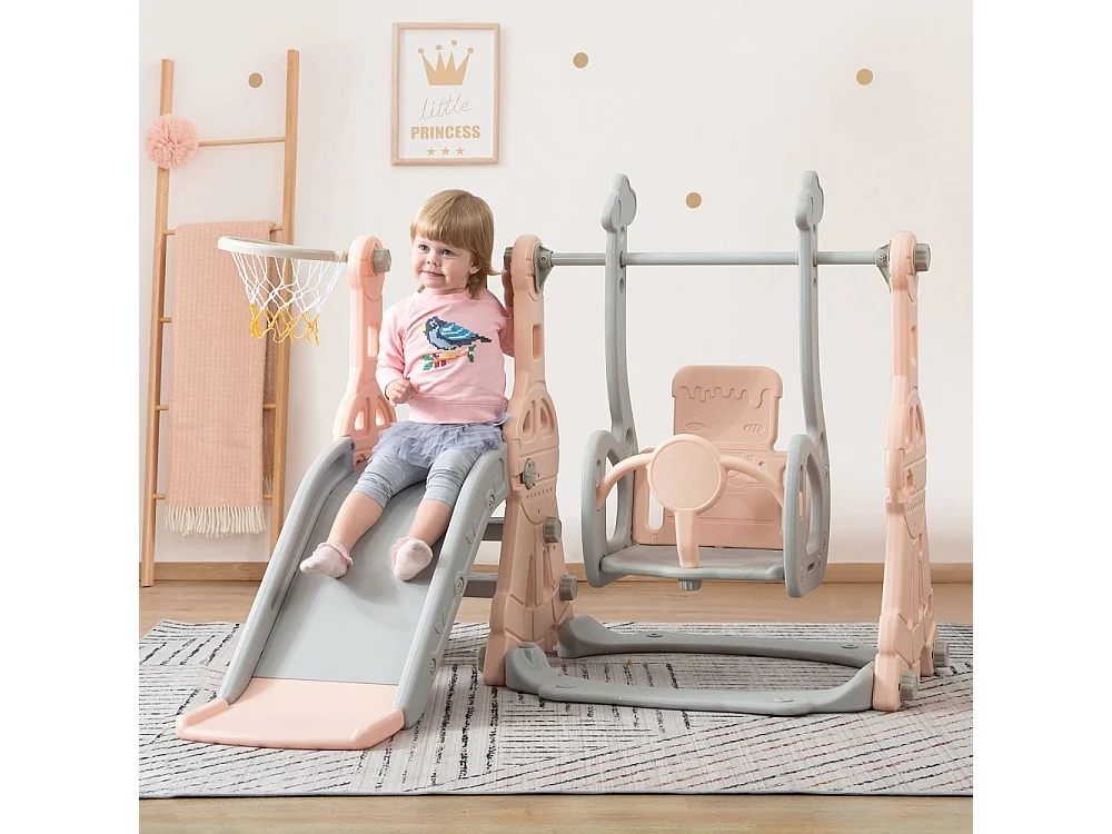 Glisse rose pour enfants - Glisse + Escalier d'escalade + Balance + Panier de basket-ball 4 en 1