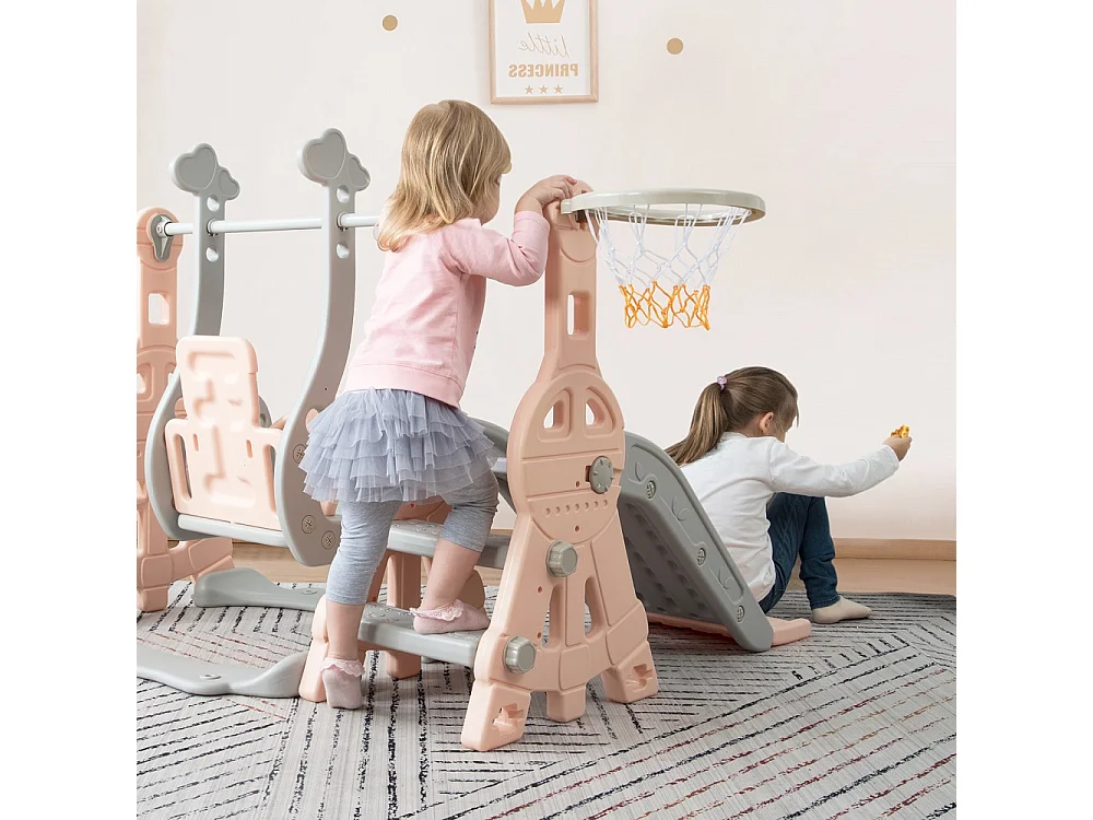 Glisse rose pour enfants - Glisse + Escalier d'escalade + Balance + Panier de basket-ball 4 en 1