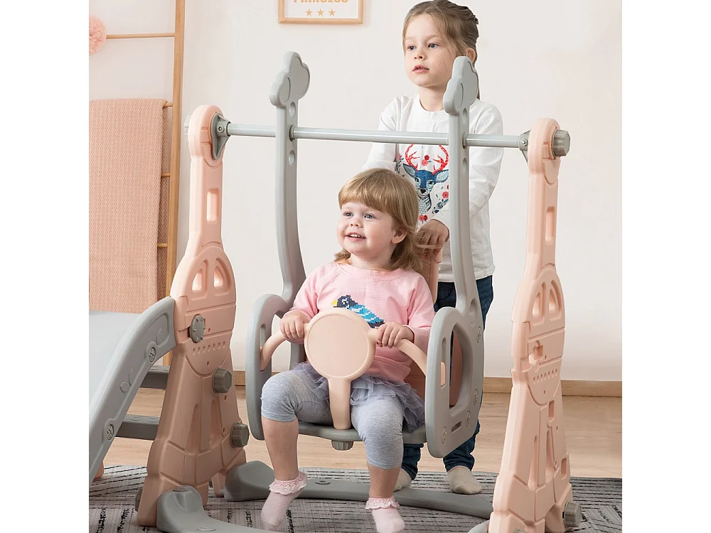 Glisse rose pour enfants - Glisse + Escalier d'escalade + Balance + Panier de basket-ball 4 en 1
