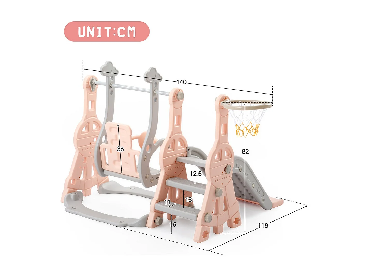 Glisse rose pour enfants - Glisse + Escalier d'escalade + Balance + Panier de basket-ball 4 en 1