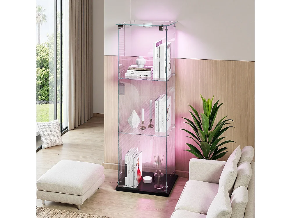 Étui d'affichage 3 couches - avec LED - Verre trempé transparent et base en bois - Plaque de base noire