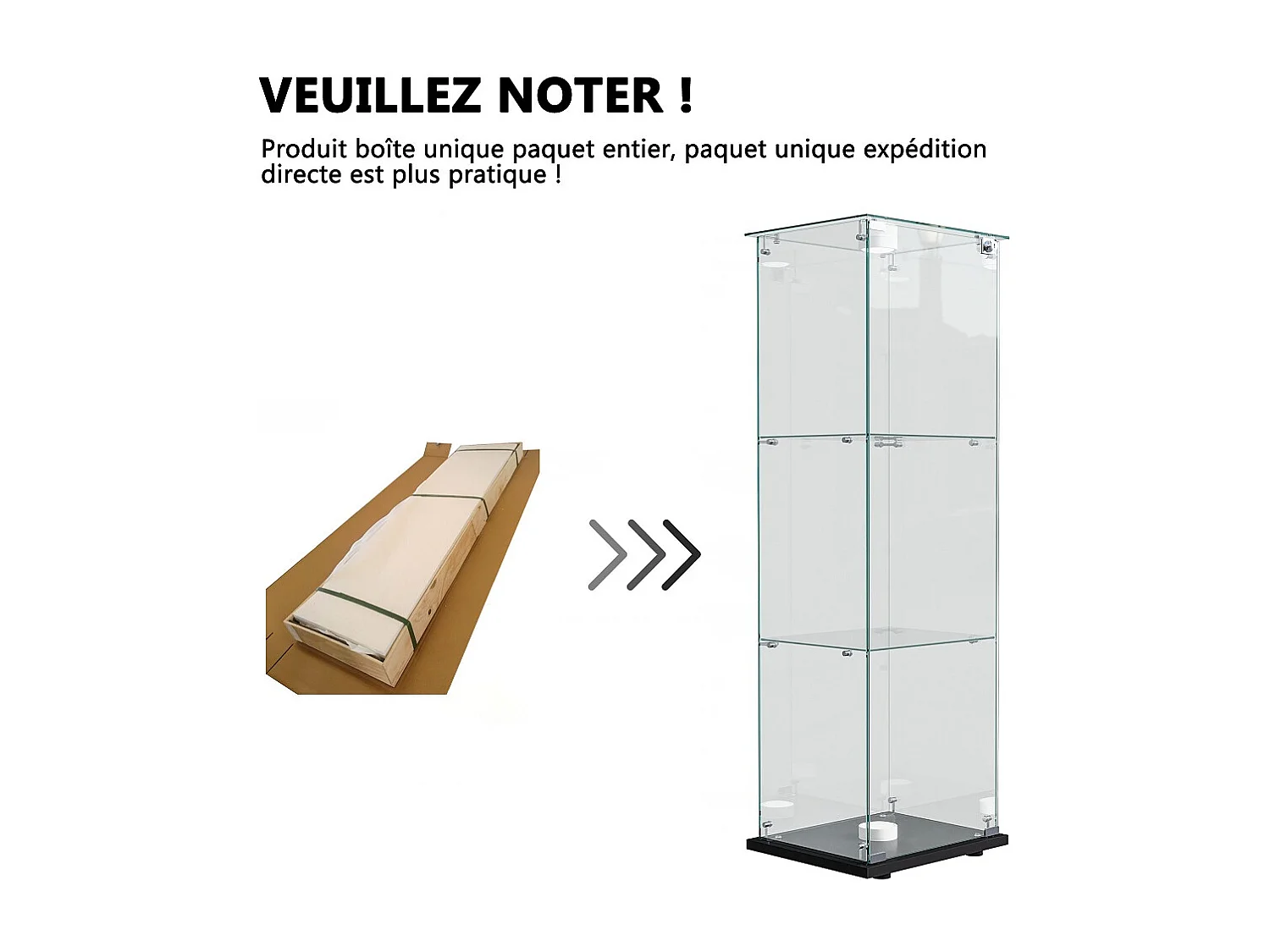 Étui d'affichage 3 couches - avec LED - Verre trempé transparent et base en bois - Plaque de base noire