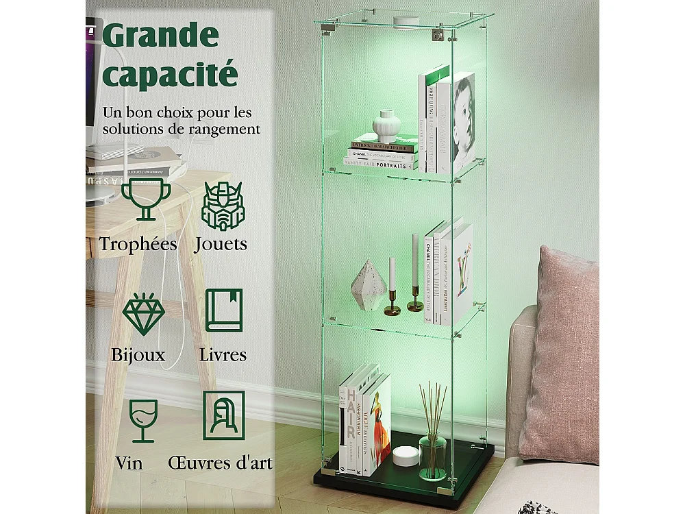 Étui d'affichage 3 couches - avec LED - Verre trempé transparent et base en bois - Plaque de base noire