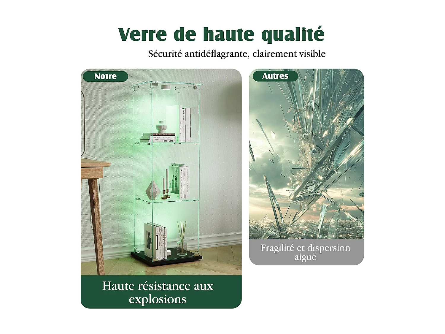 Étui d'affichage 3 couches - avec LED - Verre trempé transparent et base en bois - Plaque de base noire