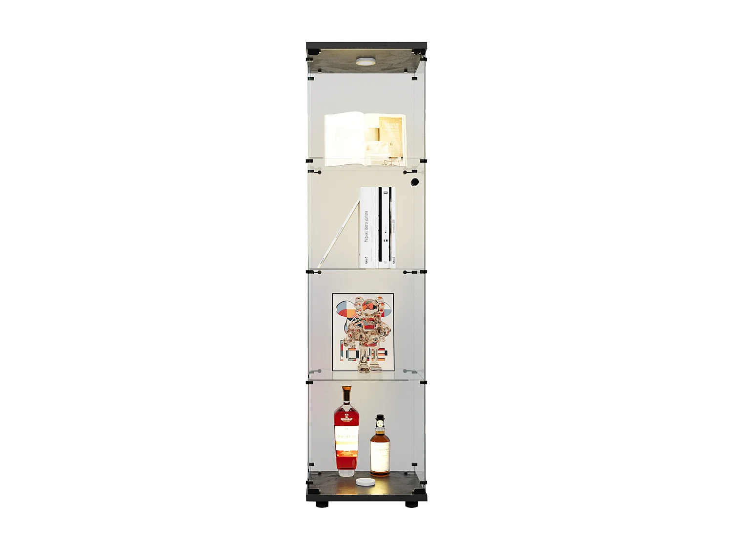 LED vitre trempé armoire d'affichage - 1 porte 4 étagères plancher debout Curio étagère - plaque de base noire