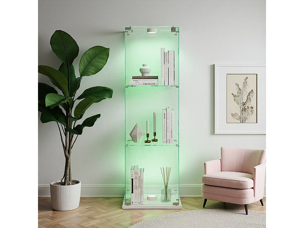 Étui d'affichage 3 couches - avec LED - Verre trempé transparent et base en bois - Plaque de base blanche