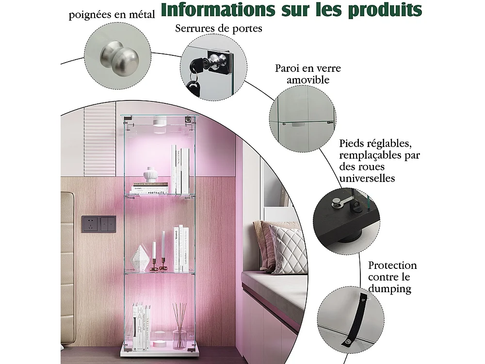 Étui d'affichage 3 couches - avec LED - Verre trempé transparent et base en bois - Plaque de base blanche