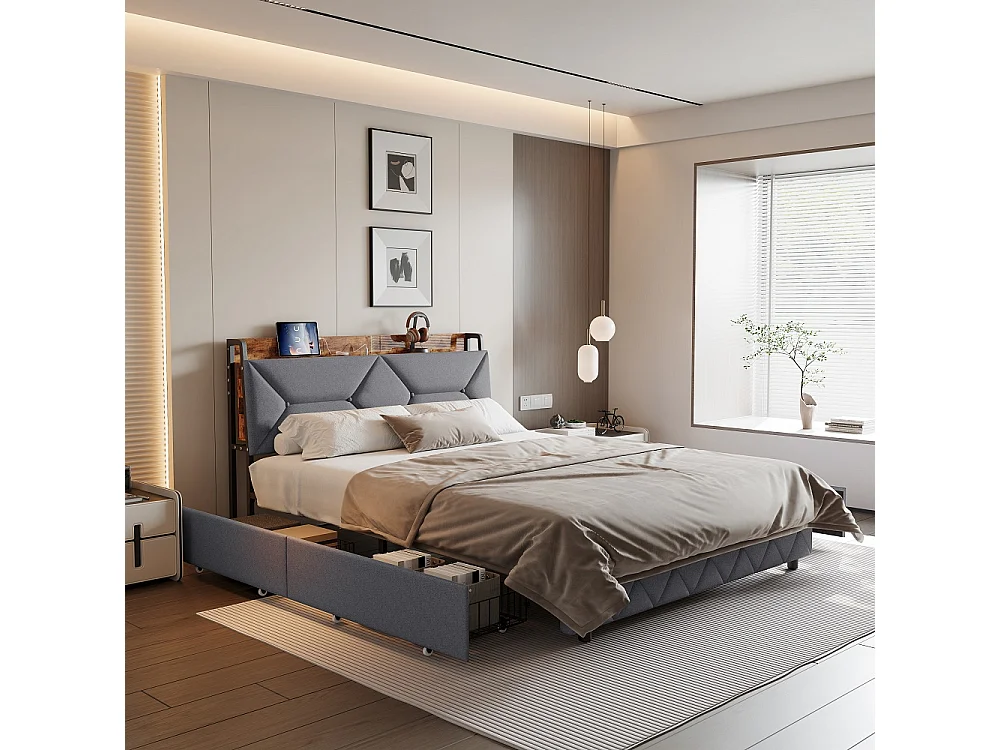 160 x 200 cm Lit rembourré - avec étagère de stockage cachée Dosier ergonomique et chargement USB et 4 grands tiroirs - Linge de maison