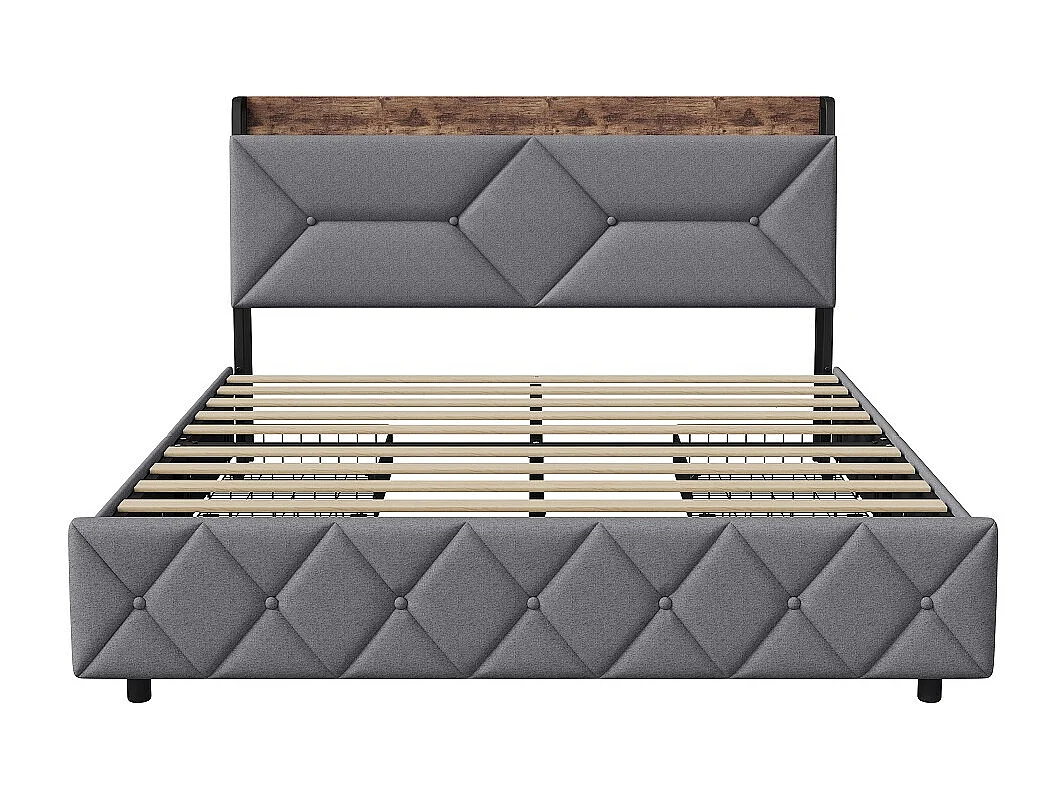 160 x 200 cm Lit rembourré - avec étagère de stockage cachée Dosier ergonomique et chargement USB et 4 grands tiroirs - Linge de maison