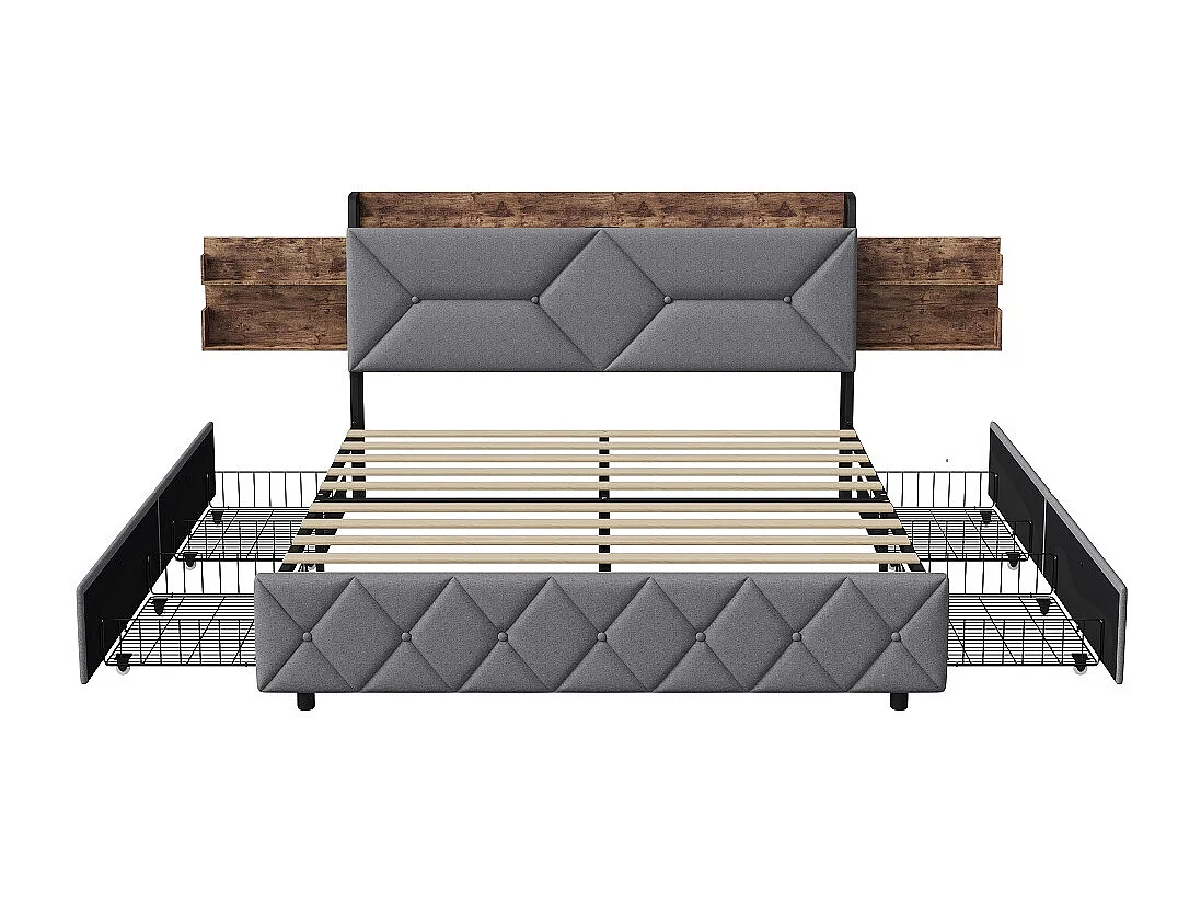 160 x 200 cm Lit rembourré - avec étagère de stockage cachée Dosier ergonomique et chargement USB et 4 grands tiroirs - Linge de maison