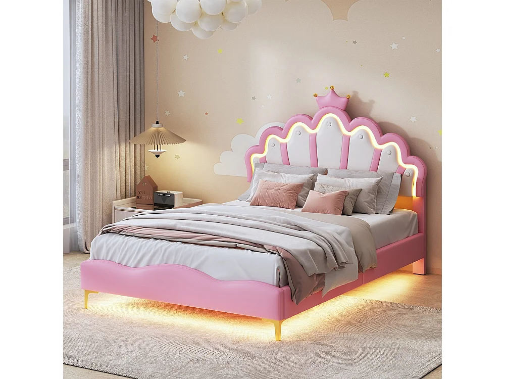 Cadre de lit double plat - 140 x 200 cm - Cuir PU - Rose - En forme de couronne