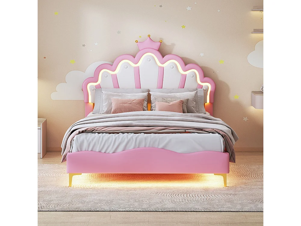 Cadre de lit double plat - 140 x 200 cm - Cuir PU - Rose - En forme de couronne