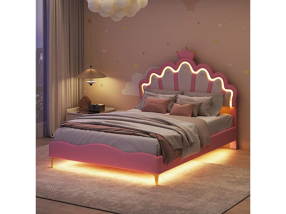 Cadre de lit double plat - 140 x 200 cm - Cuir PU - Rose - En forme de couronne