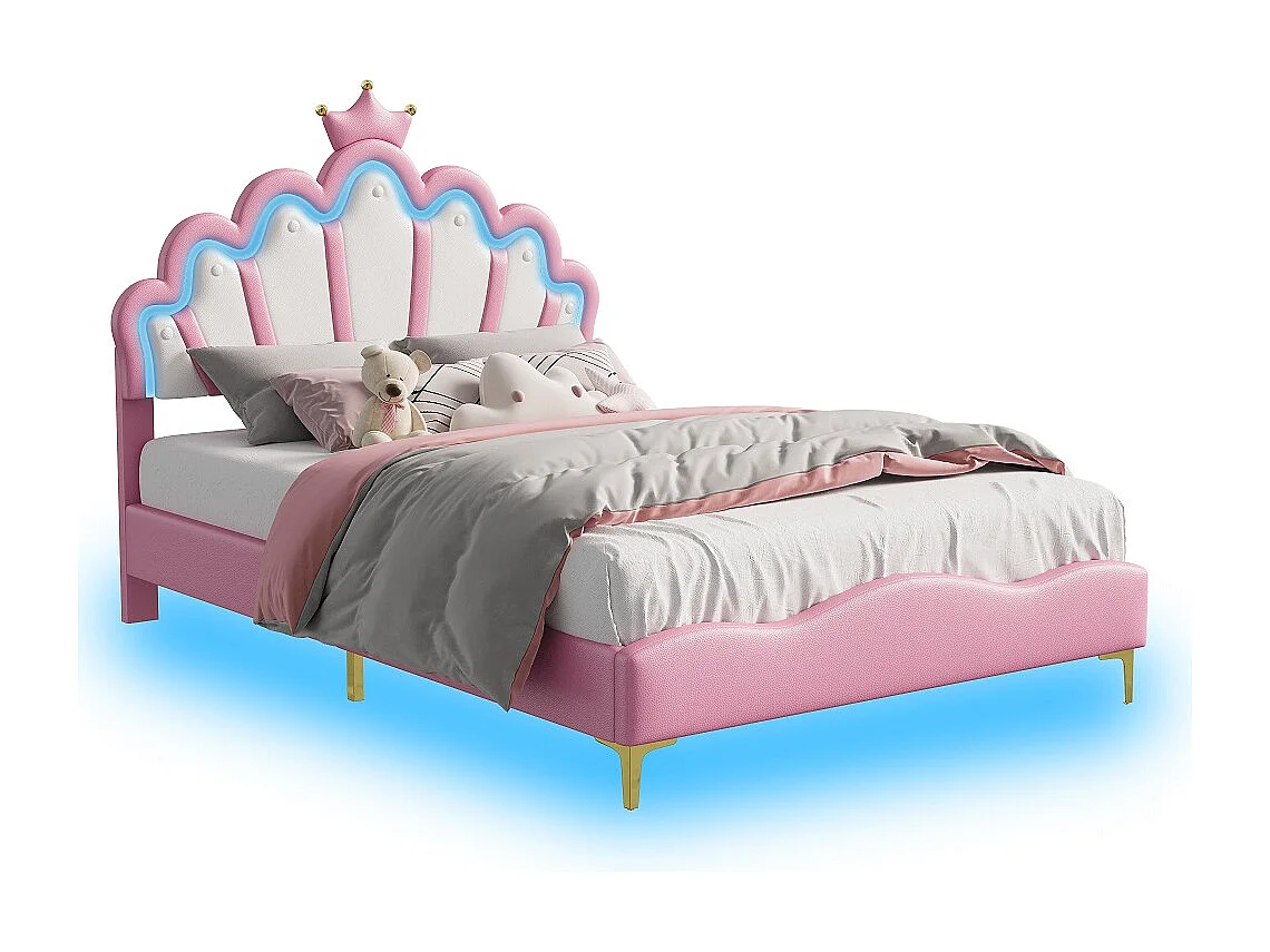 Cadre de lit double plat - 140 x 200 cm - Cuir PU - Rose - En forme de couronne