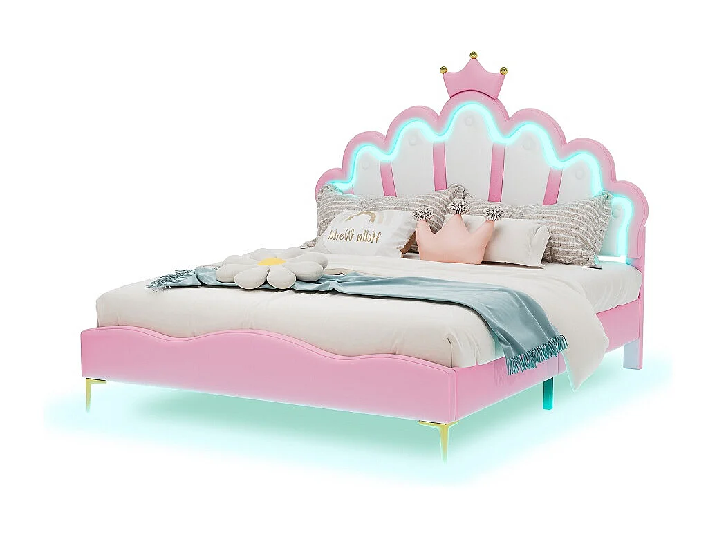 Cadre de lit double plat - 140 x 200 cm - Cuir PU - Rose - En forme de couronne