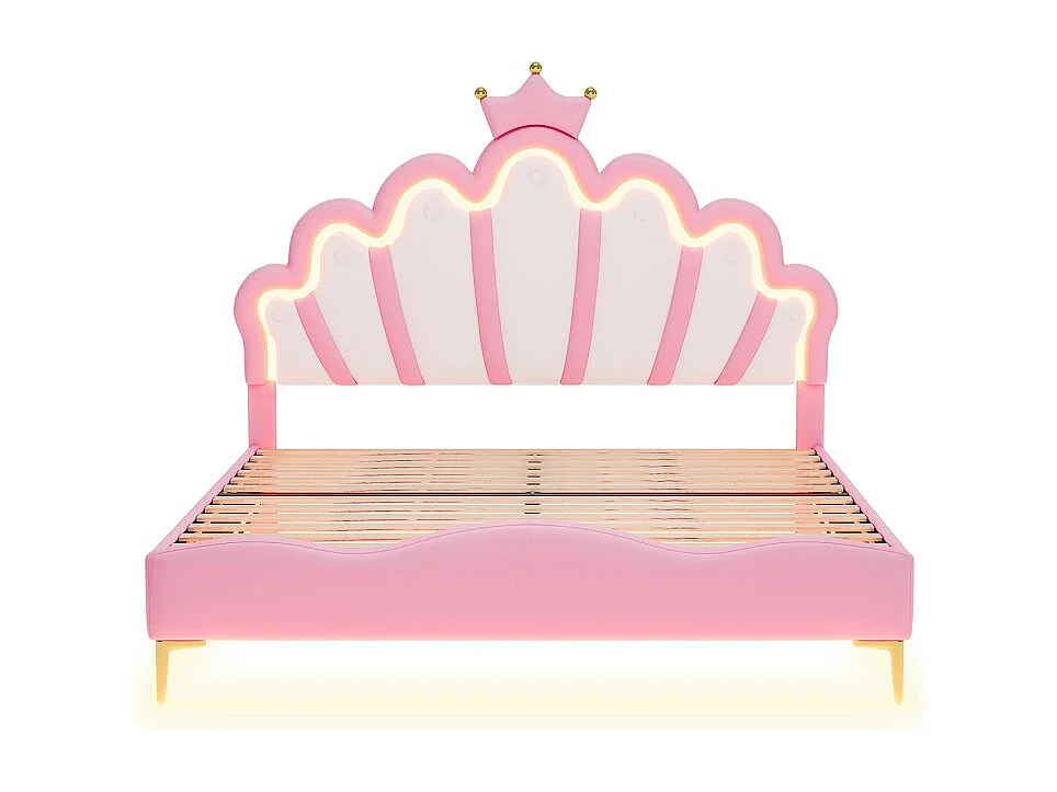 Cadre de lit double plat - 140 x 200 cm - Cuir PU - Rose - En forme de couronne