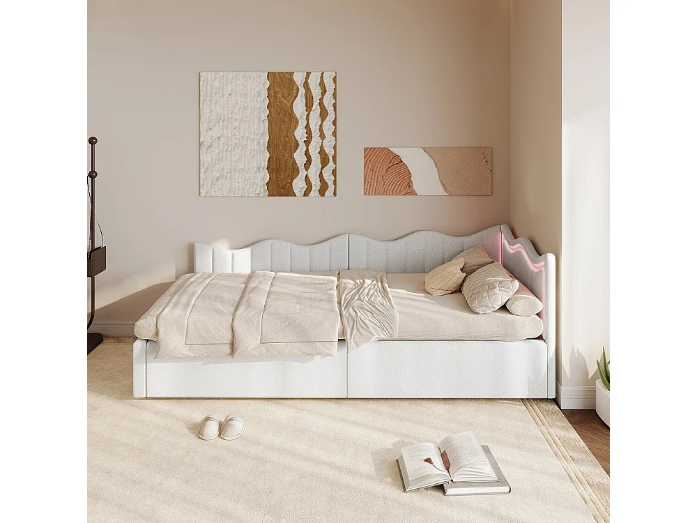 Canapé-lit en velours Teddy - 90 x 200 cm - avec éclairage LED et design de ligne ondulée - Cadre de lit de stockage hydraulique - blanc