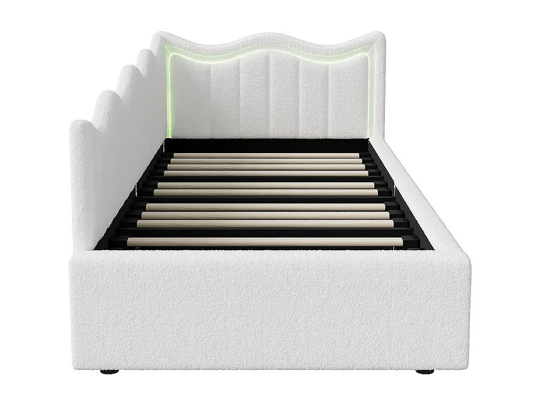 Canapé-lit en velours Teddy - 90 x 200 cm - avec éclairage LED et design de ligne ondulée - Cadre de lit de stockage hydraulique - blanc