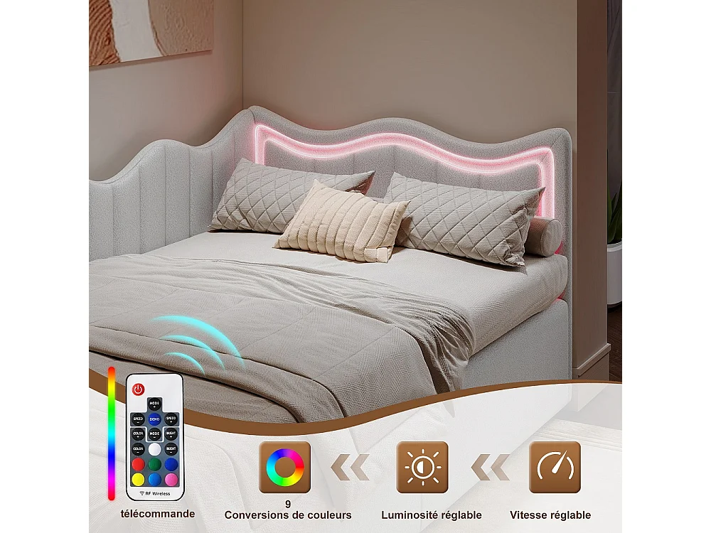 Canapé-lit en velours Teddy - 90 x 200 cm - avec éclairage LED et design de ligne ondulée - Cadre de lit de stockage hydraulique - blanc