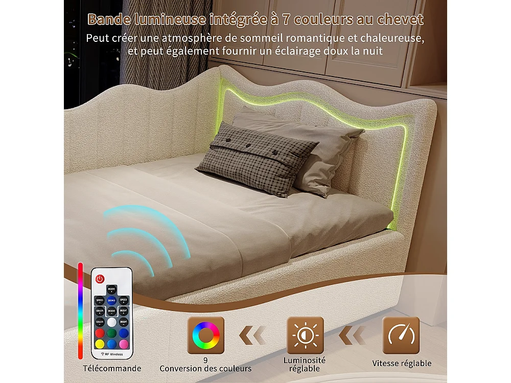 Canapé-lit en velours Teddy - 90 x 200 cm - avec éclairage LED et design de ligne ondulée - Cadre de lit de stockage hydraulique - blanc