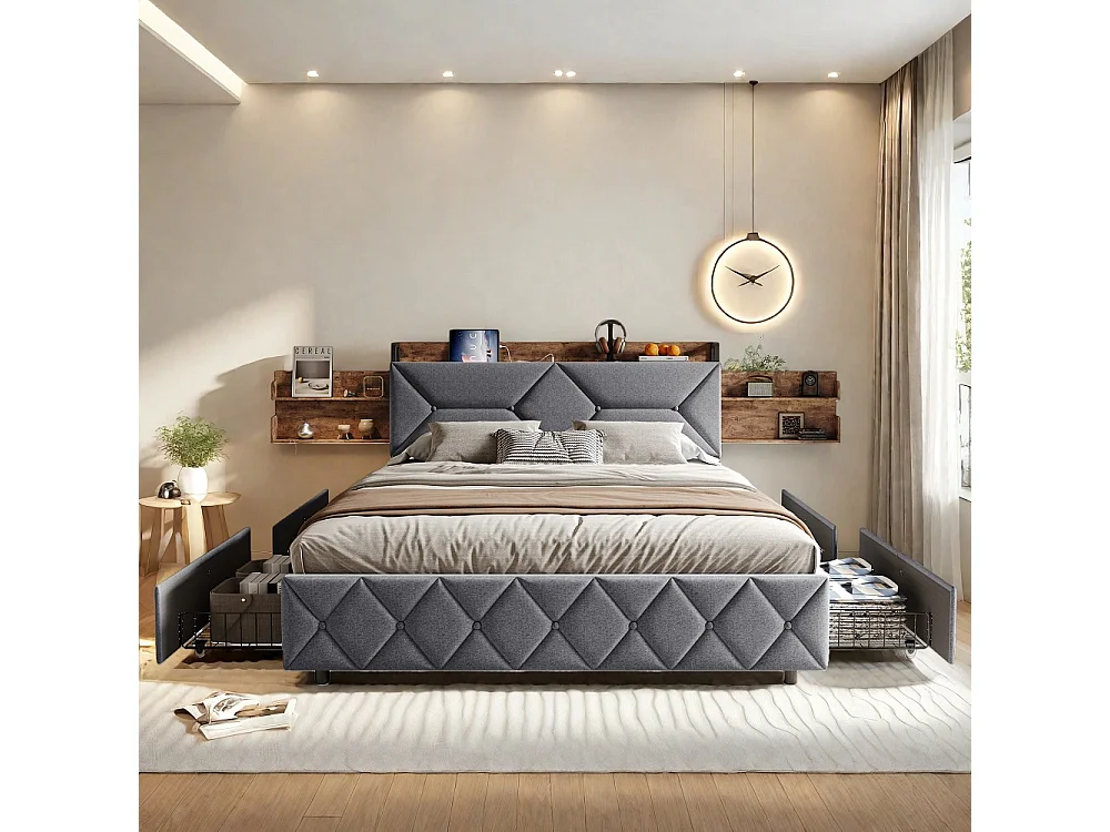 Lit rembourré 140 x 200 cm - avec étagère de stockage cachée dossier ergonomique et chargement USB et 4 grands tiroirs - Linge de maison
