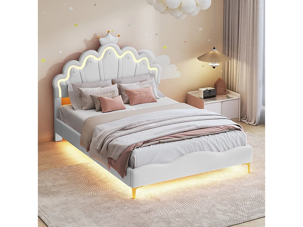 Cadre de lit double plat - 140 x 200 cm - Cuir PU - Blanc - En forme de couronne