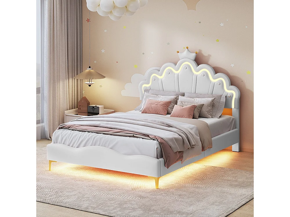 Cadre de lit double plat - 140 x 200 cm - Cuir PU - Blanc - En forme de couronne
