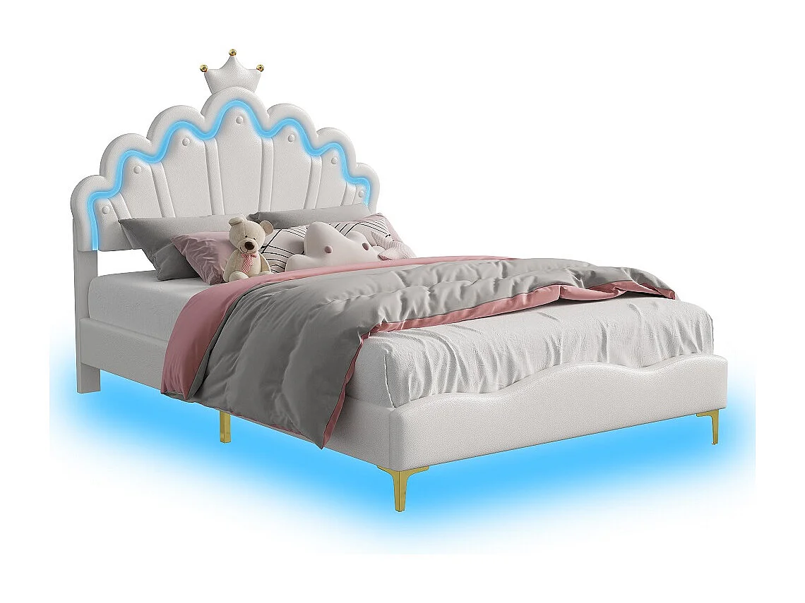 Cadre de lit double plat - 140 x 200 cm - Cuir PU - Blanc - En forme de couronne