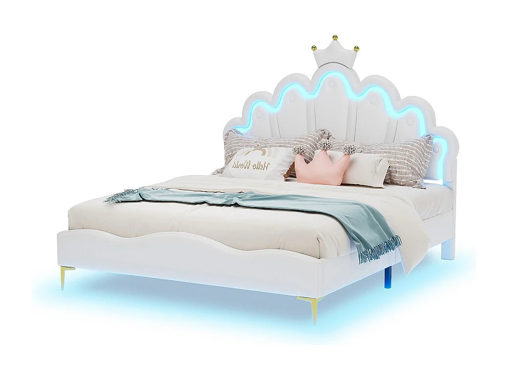 Cadre de lit double plat - 140 x 200 cm - Cuir PU - Blanc - En forme de couronne