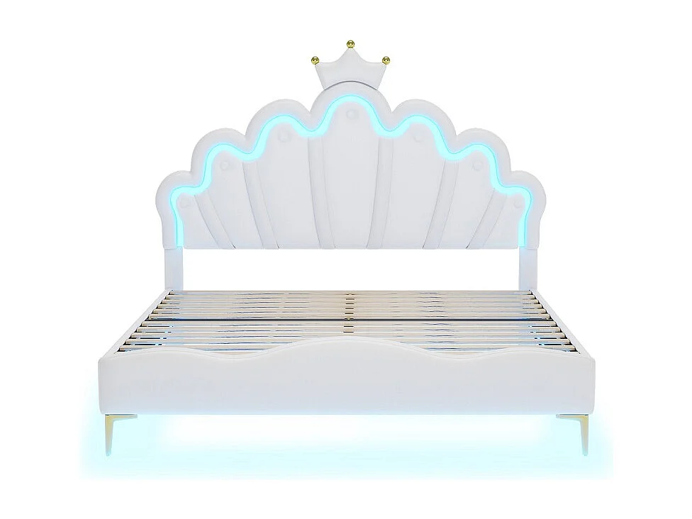Cadre de lit double plat - 140 x 200 cm - Cuir PU - Blanc - En forme de couronne