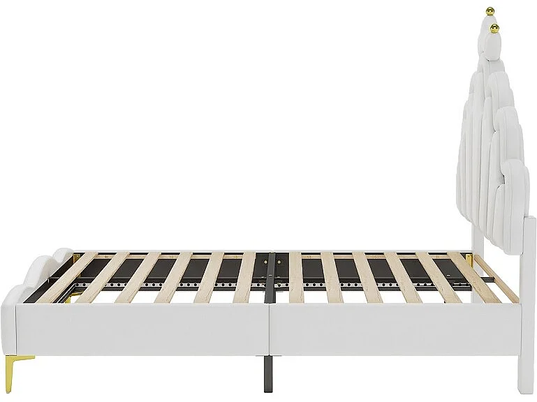Cadre de lit double plat - 140 x 200 cm - Cuir PU - Blanc - En forme de couronne