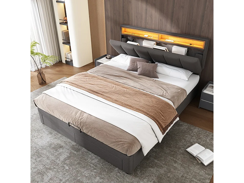 140 x 190 cm Lit rembourré en linge - avec éclairage LED RVB et 2 tiroirs sous-lit et tête de rangement - Gris