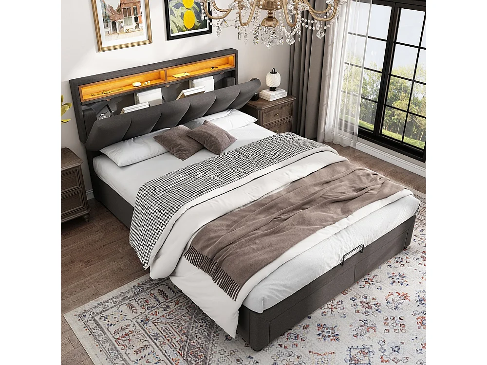 140 x 190 cm Lit rembourré en linge - avec éclairage LED RVB et 2 tiroirs sous-lit et tête de rangement - Gris