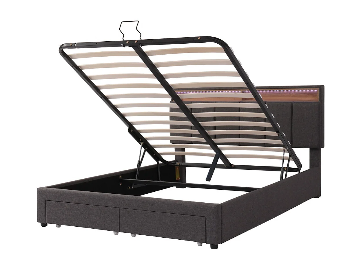 140 x 190 cm Lit rembourré en linge - avec éclairage LED RVB et 2 tiroirs sous-lit et tête de rangement - Gris