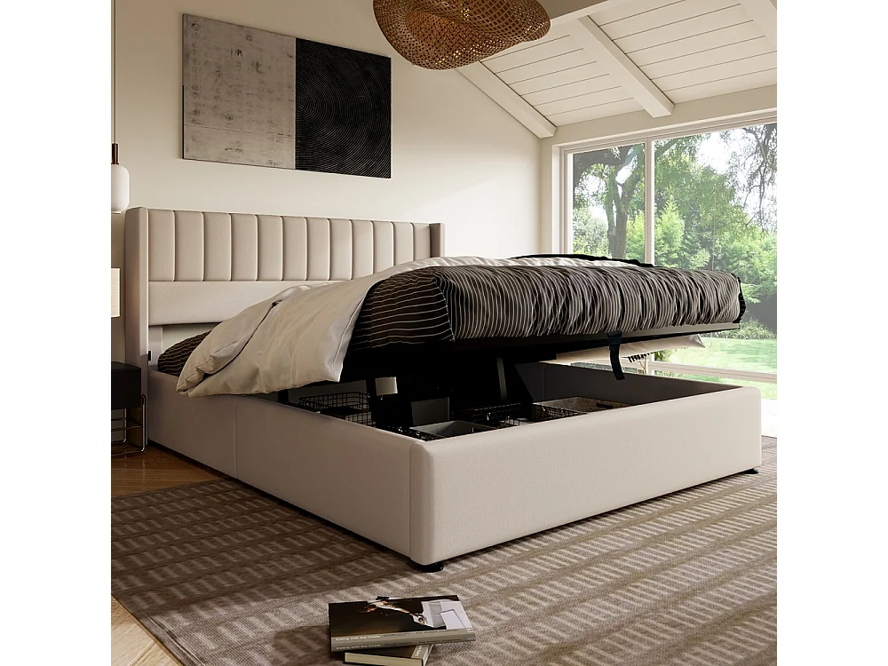 Lit double hydraulique - 160 x 200 cm - beige - Linge de maison - avec cadre à lames et rangement