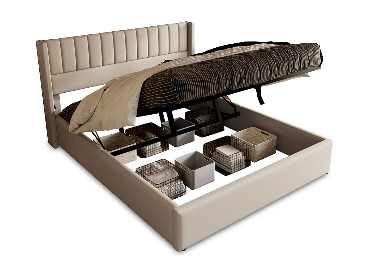 Lit double hydraulique - 160 x 200 cm - beige - Linge de maison - avec cadre à lames et rangement