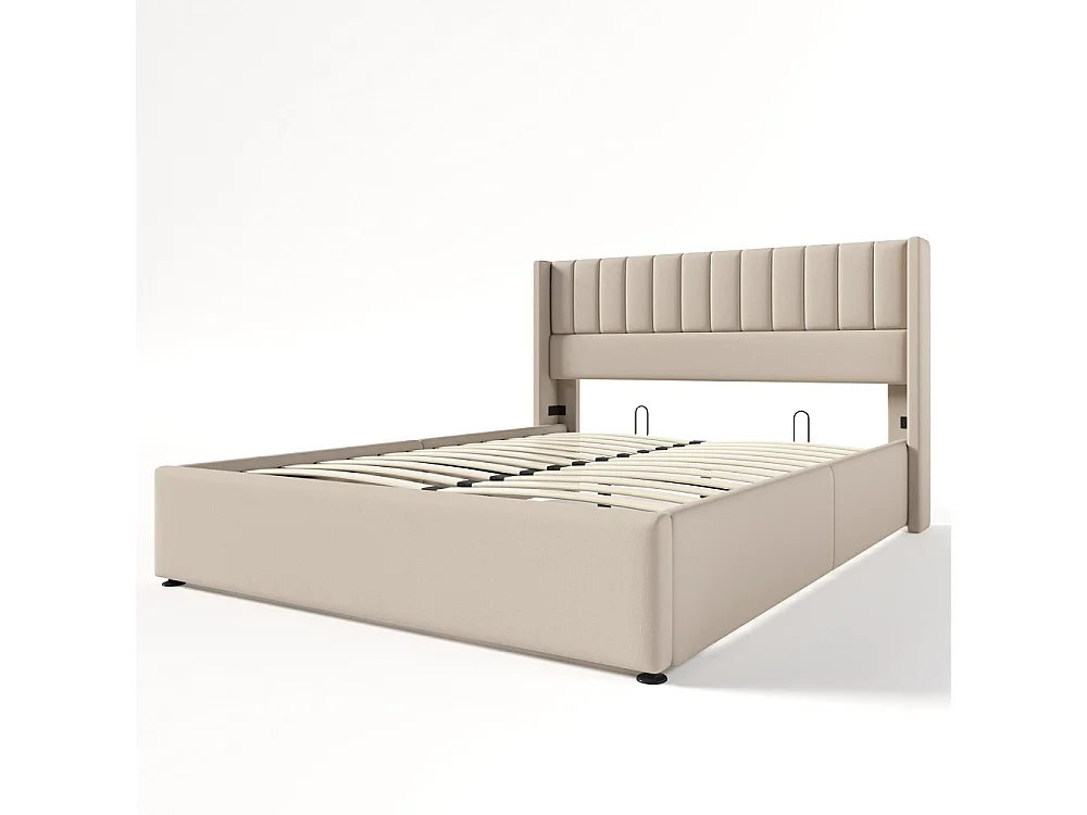 Lit double hydraulique - 160 x 200 cm - beige - Linge de maison - avec cadre à lames et rangement